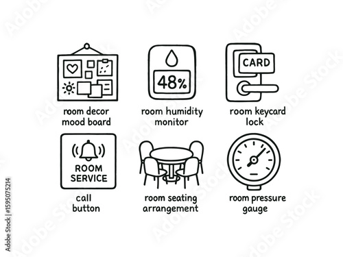 room decor mood board, room humidity monitor, room keycard lock, room service call button, room seating arrangement, room pressure gauge