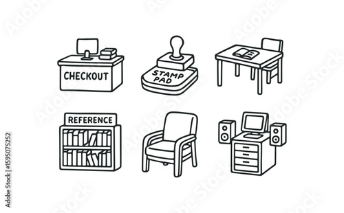 library checkout desk, library stamp pad, library study table, library reference section, library reading chair, 