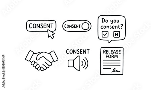 consent button click, consent opt-in switch, consent survey question, consent handshake icon, consent audio approval, consent release form