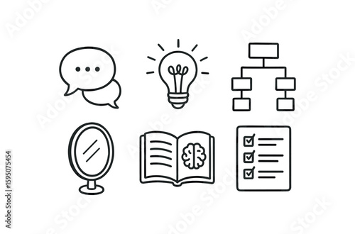 understanding conversation bubbles, understanding insight bulb, understanding flowchart map, understanding reflection mirror, understanding handbook guide, understanding survey form