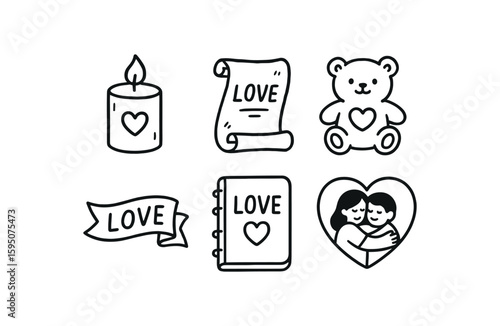 love candle light, love poem scroll, love teddy bear plush, love ribbon banner, love journal note, love embrace sticker