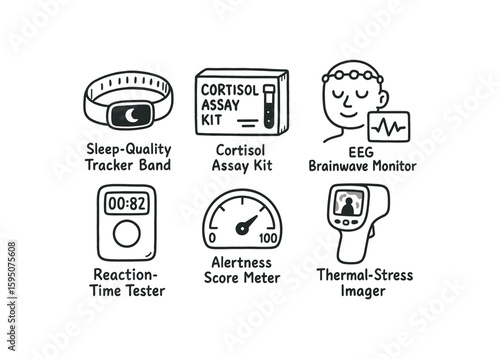 fatigue sleep-quality tracker band, fatigue cortisol assay kit, fatigue EEG brainwave monitor, fatigue reaction-time tester, fatigue alertness score meter, fatigue thermal-stress imager