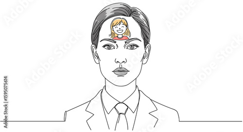 Serious businesswoman with a cheerful little girl inside her head, symbolizing inner child and psychological masks people wear — one line doodle drawing with watercolor fill, minimalistic vector illus