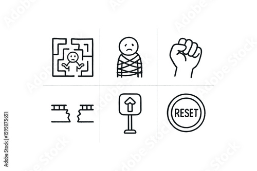helplessness no-solution maze, helplessness binding ropes, helplessness closed fist model, helplessness broken bridge schematic, helplessness deadlock sensor, helplessness reset button