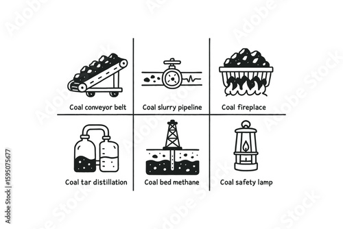 coal conveyor belt, coal slurry pipeline, coal fireplace grate, coal tar distillation unit, coal bed methane well, coal safety lamp