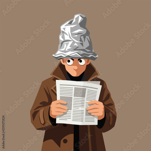 Concerned Man Reading Newspaper Wearing Shiny Foil Hat