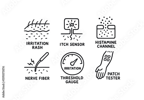 irritation rash marker, irritation itch sensor, irritation histamine channel, irritation nerve fiber probe, irritation threshold gauge, irritation patch tester