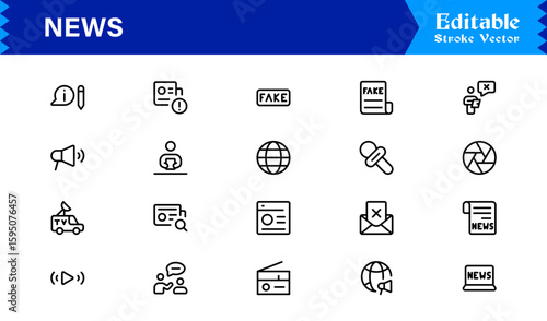 News journalism headline spotlight icons line icon set, professional modern minimal outline collection of media press report symbols vector graphics