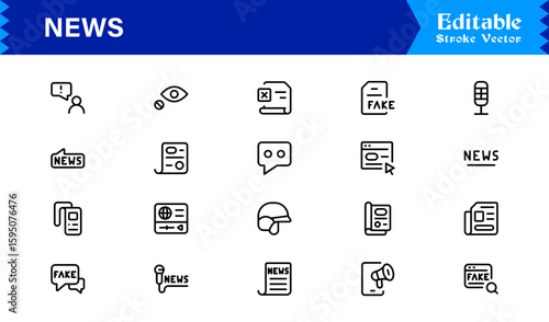 News journalism headline spotlight icons line icon set, professional modern minimal outline collection of media press report symbols vector graphics