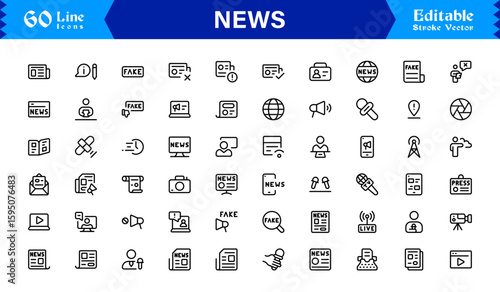 News journalism headline spotlight icons line icon set, professional modern minimal outline collection of media press report symbols vector graphics
