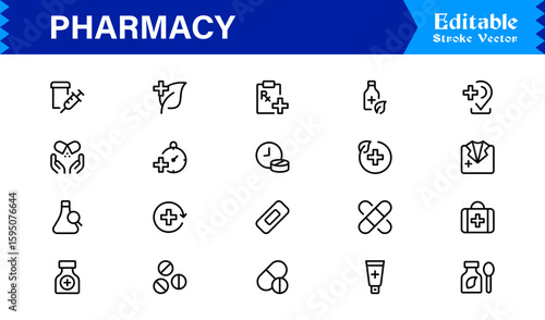 Pharmacy Icon Set in Vector Style Featuring Medicine, Pills, Prescription, Health, and Medical Tools for Healthcare
