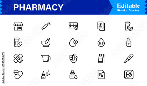 Pharmacy Icon Set in Vector Style Featuring Medicine, Pills, Prescription, Health, and Medical Tools for Healthcare