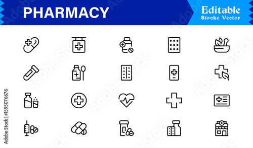 Pharmacy Icon Set in Vector Style Featuring Medicine, Pills, Prescription, Health, and Medical Tools for Healthcare