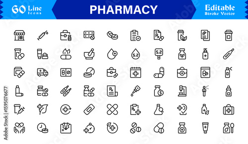 Pharmacy Icon Set in Vector Style Featuring Medicine, Pills, Prescription, Health, and Medical Tools for Healthcare