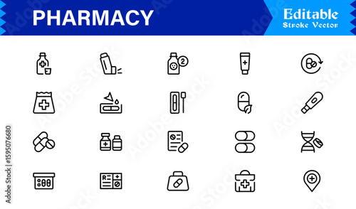 Pharmacy Icon Set in Vector Style Featuring Medicine, Pills, Prescription, Health, and Medical Tools for Healthcare
