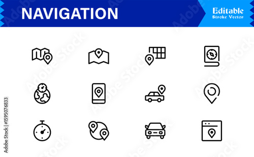 Navigation Icon Set Featuring Compass, Map, Location Pins, and Direction Symbols in Vector Style
