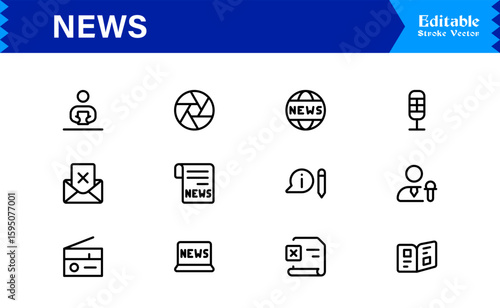 News journalism headline spotlight icons line icon set, professional modern minimal outline collection of media press report symbols vector graphics