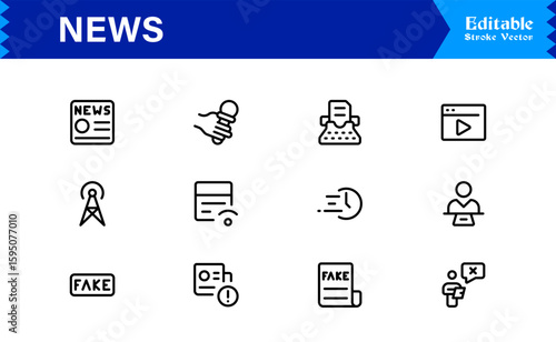 News journalism headline spotlight icons line icon set, professional modern minimal outline collection of media press report symbols vector graphics