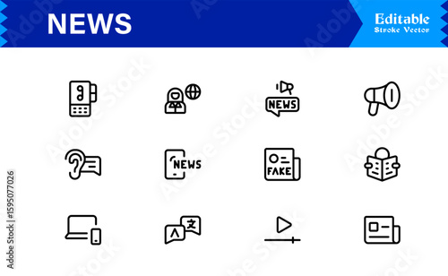 News journalism headline spotlight icons line icon set, professional modern minimal outline collection of media press report symbols vector graphics