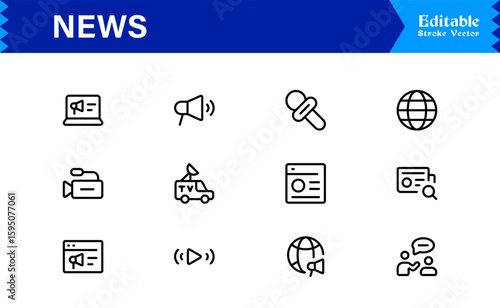 News journalism headline spotlight icons line icon set, professional modern minimal outline collection of media press report symbols vector graphics