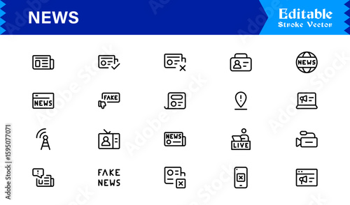 News journalism headline spotlight icons line icon set, professional modern minimal outline collection of media press report symbols vector graphics