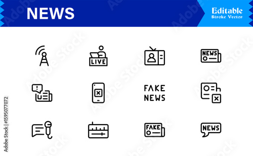 News journalism headline spotlight icons line icon set, professional modern minimal outline collection of media press report symbols vector graphics