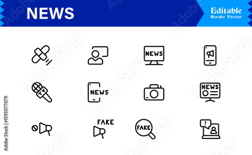 News journalism headline spotlight icons line icon set, professional modern minimal outline collection of media press report symbols vector graphics