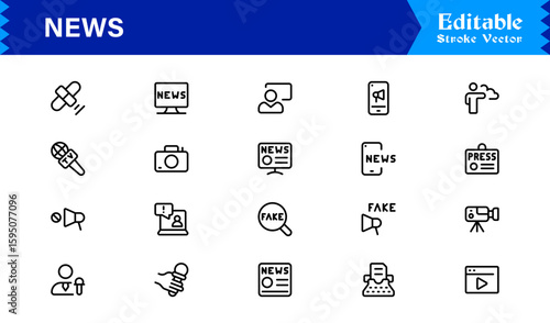 News journalism headline spotlight icons line icon set, professional modern minimal outline collection of media press report symbols vector graphics