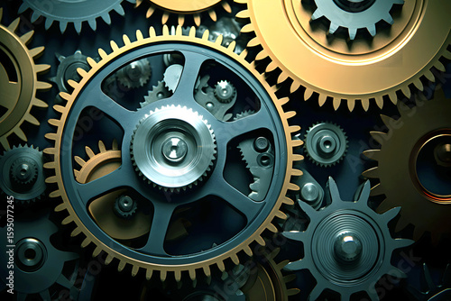 Intricate arrangement of metal gears showcasing engineering design and mechanical precision in a workshop setting