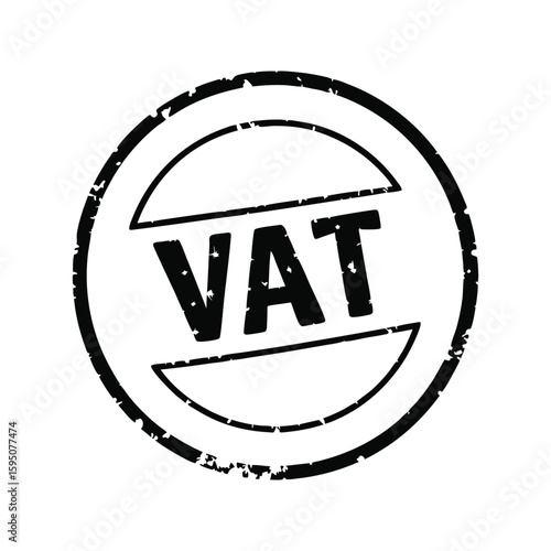 Circular black stamp with the word VAT in bold capital letters against a white background symbolizing taxation and financial regulation vector illustration