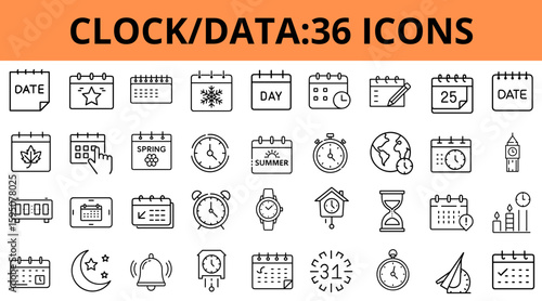 Clock and calendar icons set with various time-related symbols  