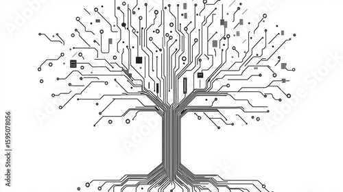 Minimalist vector tree made of circuit board lines, with roots and branches forming digital connections, in gray on a white background—symbol of technology, growth, and innovation.