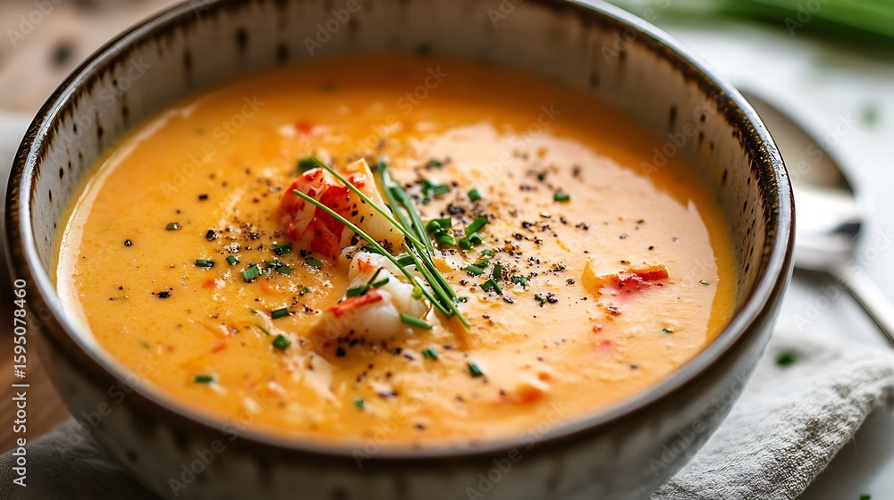 Creamy Lobster Bisque Soup with Fresh Herbs and Cracked Pepper Creamy Lobster Bisque Soup with Fresh Herbs and Cracked Pepper