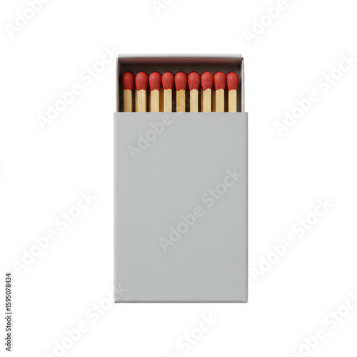 An open, light grey paper matchbox with sharp edges, subtle texture, revealing a pristine row of unused wooden matches with natural shafts and vibrant matte red heads, on a transparent background with