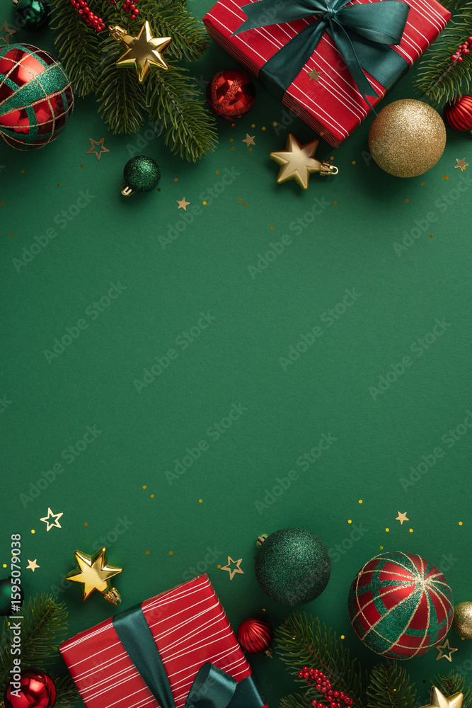 Obraz premium Celebratory Christmas backdrop featuring red and gold ornaments, gifts, and greenery arranged festively