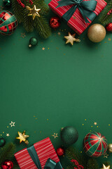Celebratory Christmas backdrop featuring red and gold ornaments, gifts, and greenery arranged festively