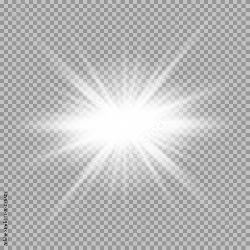 White glowing light burst explosion with transparent. Vector illustration for cool effect decoration with ray sparkles. Bright star. Transparent shine gradient glitter, bright flare. Glare texture.