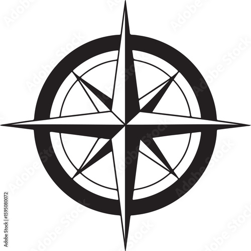 Compass rose vector icon on black background showing navigation directions and travel symbol