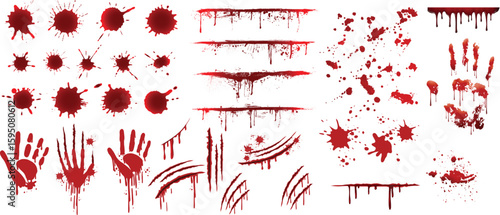 Red blood or paint flowing down on transparent background. Halloween, murder and horror concept. Red ink splash, splatter and stain, Blood spatters realistic bloodstain patterns set
