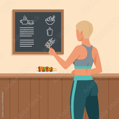 Woman in Athletic Wear Pointing to Menu with Skewers and Drinks