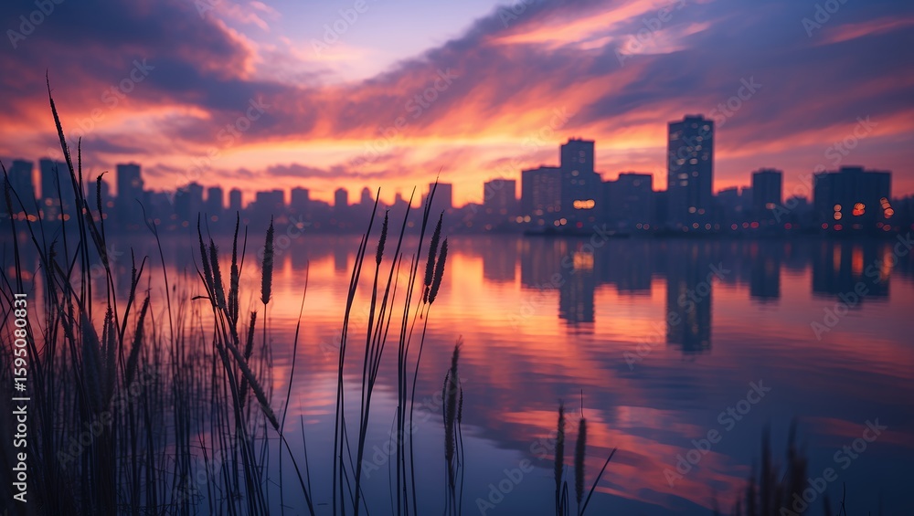 Fototapeta premium City Skyline at Sunrise Reflected in Water with Reeds Silhouette
