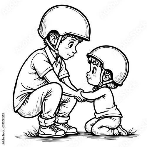 Child helping sibling put on helmet – Youth safety, family support