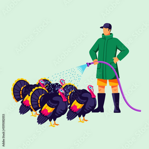 Animated Man Watering Turkeys with Purple Hose on Light Green Background