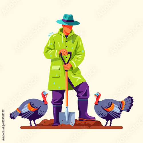 Cartoon Farmer Wearing Raincoat Standing with Shovel and Turkeys on Tan Background