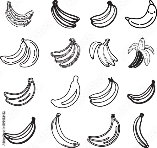 Banana Varieties in Art: A monochrome artistic display of a selection of bananas, rendered in a detailed line art style. Capturing both the simple elegance and nutritional appeal.