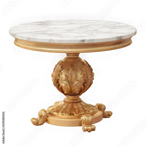 Ornate gold table with marble top isolated on transparent background