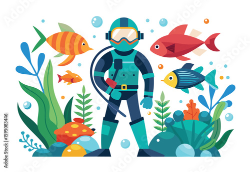 Aqua hunter underwater diving fish vector illustration flat design clipart