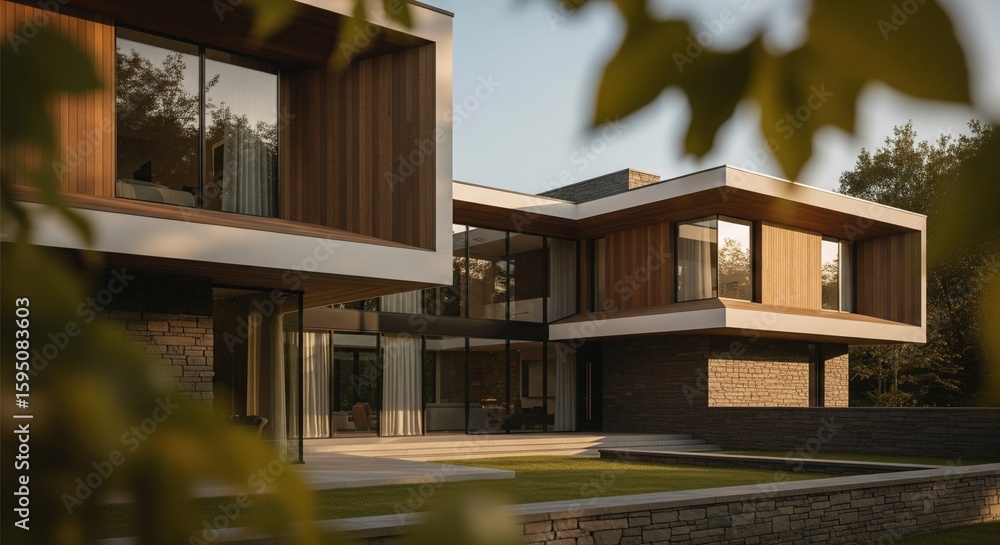 Fototapeta premium Modern Villa Architecture: Geometric Design, Luxury Home, Blurred Nature
