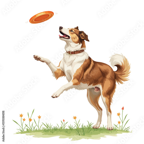 Playful dog jumping to catch frisbee in a grassy field  
