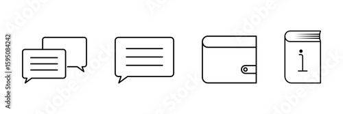 Message chat bubble information book and wallet outline icon vector pack for digital interface communication finance and reference tools.